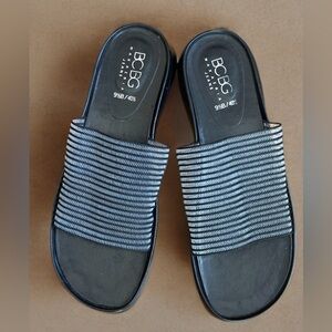 BCBGMaxAzria Black and White Striped Woven Nylon Slide Sandals